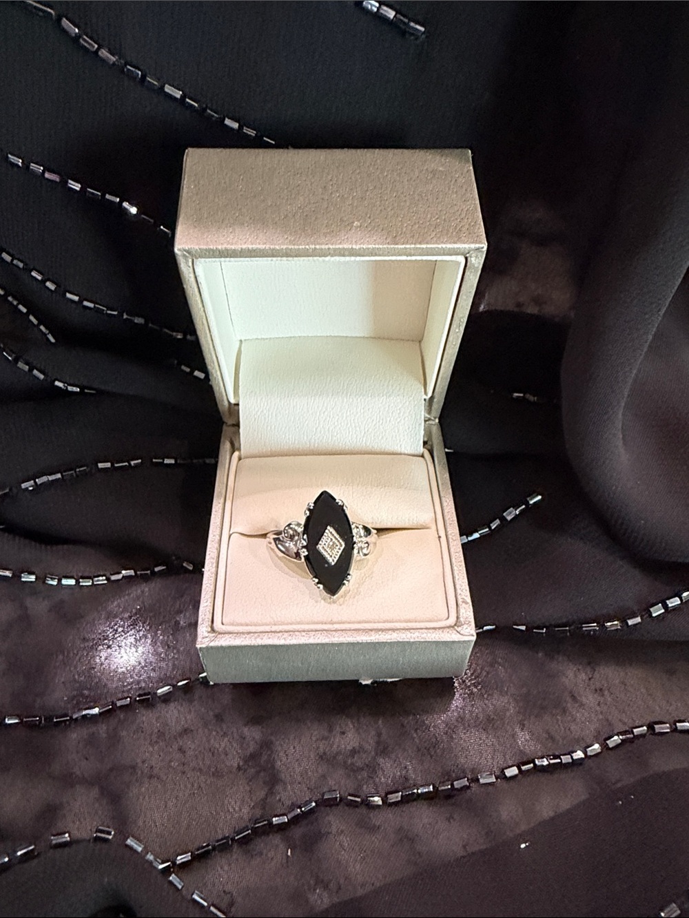 Black Onyx Marquise Cocktail Ring with Diamond Accent